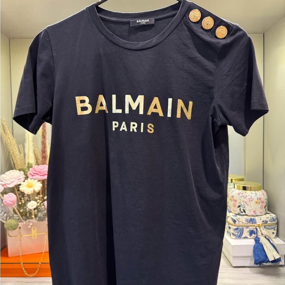 Balmain Black Crewneck Tee with Subtle Logo - Picture 2 of 5